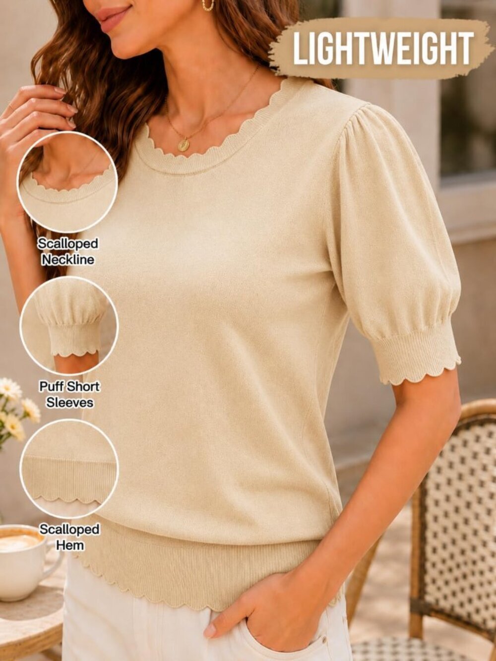 Women's Beige Short Sleeve Imported Pull On Casual Crew Neck Sweater - Picture 3 of 6